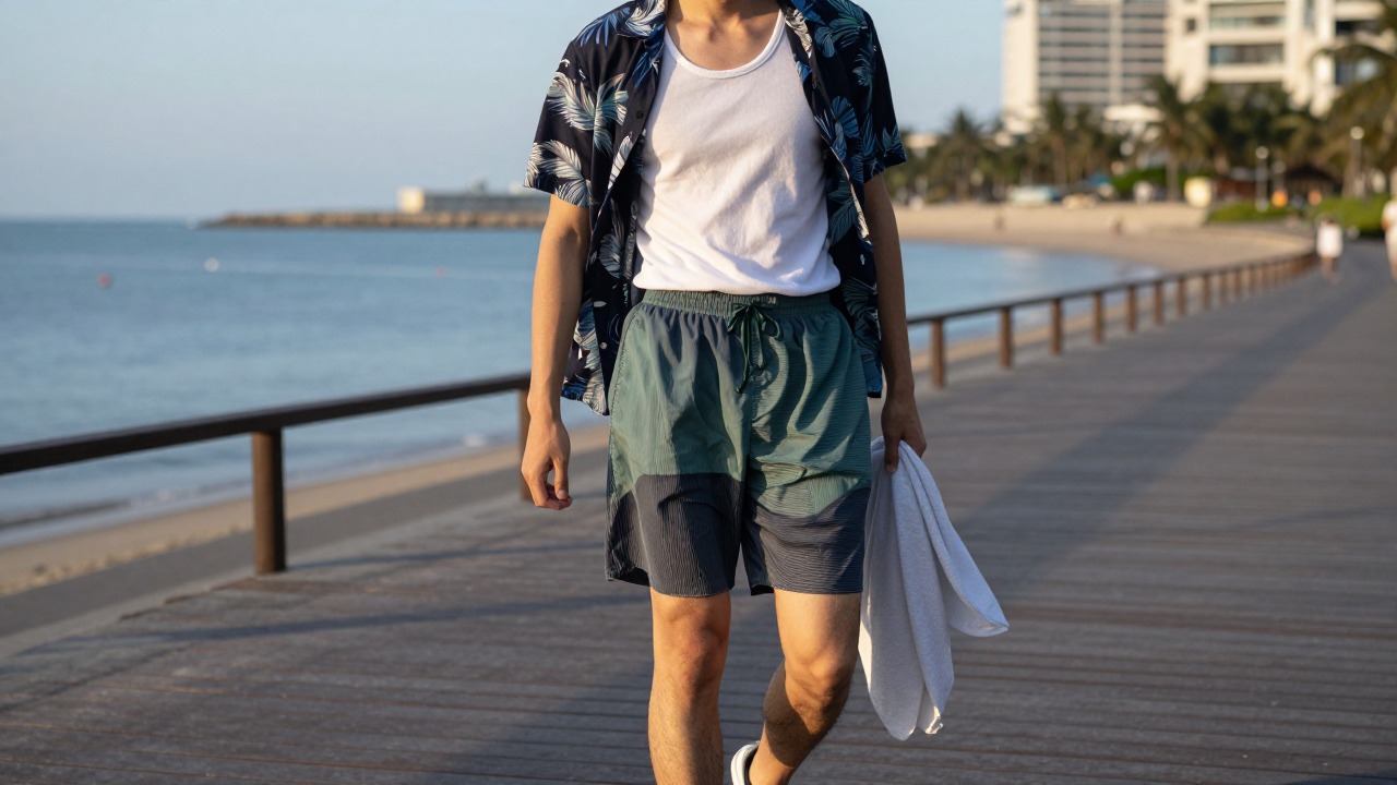 A summer resort menswear image built around short swimwear and a light outer layer, used here as a temporary beach-shorts lead image