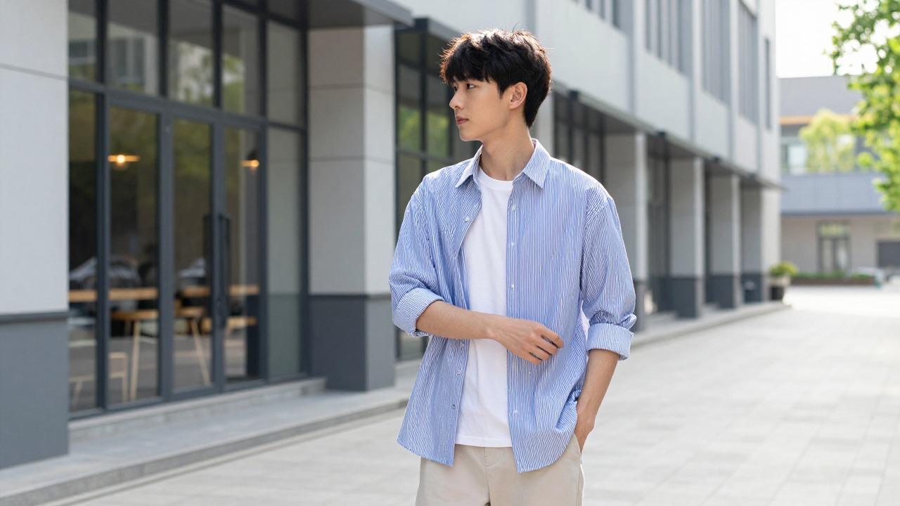 A blue-and-white fine-stripe short-sleeve shirt styled with light trousers in a clean summer menswear look