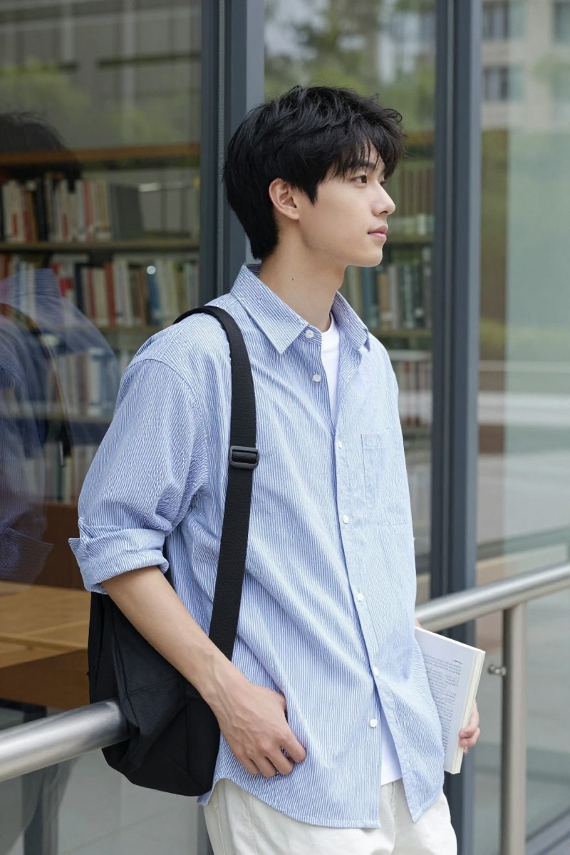 Close view of a blue striped shirt showing how fine stripes add structure to a summer outfit