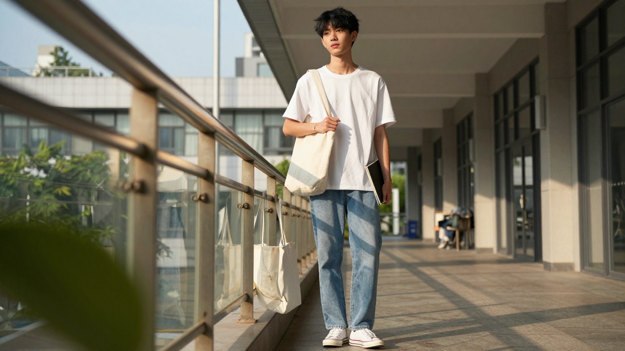 An off-white canvas tote on a campus walkway with a white tee and straight jeans