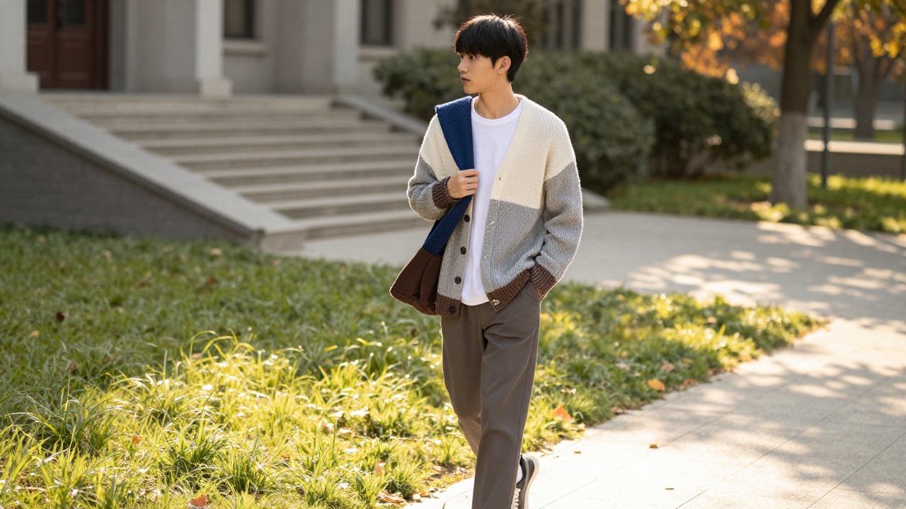 A spring-summer cleanfit look built from a pale cardigan, white inner layer, and relaxed trousers