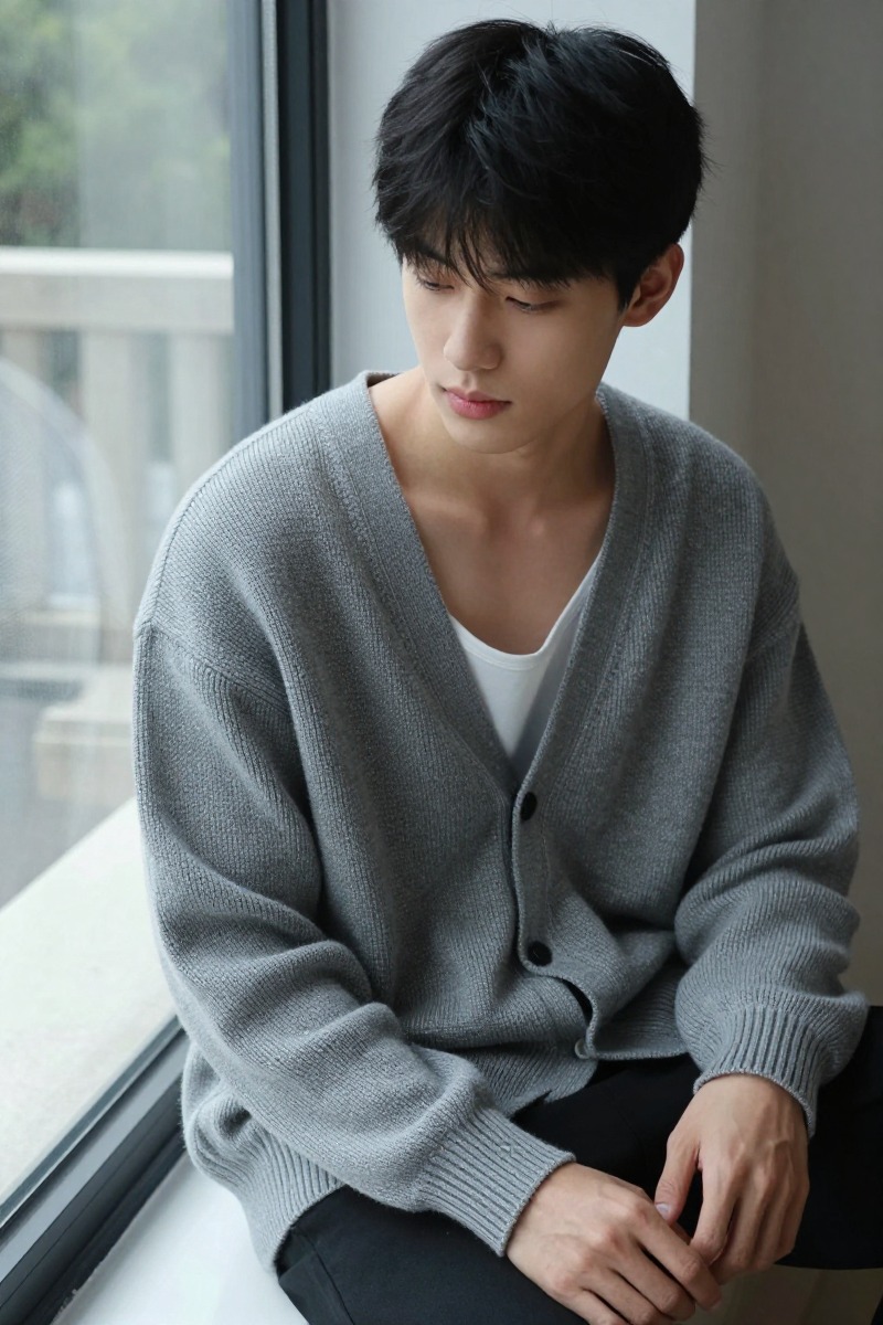 A vertical detail image showing a light knit cardigan forming a soft breathable layer while moving
