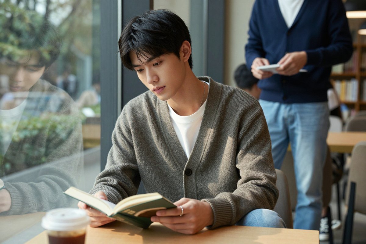 Low-saturation youth menswear campus visual used as a provisional lead image for a slim silver chain necklace feature