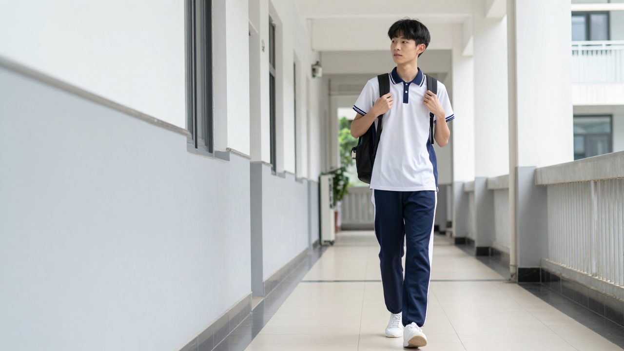 A youthful campus-style image used as a transitional cover for a Chinese school-uniform fashion feature