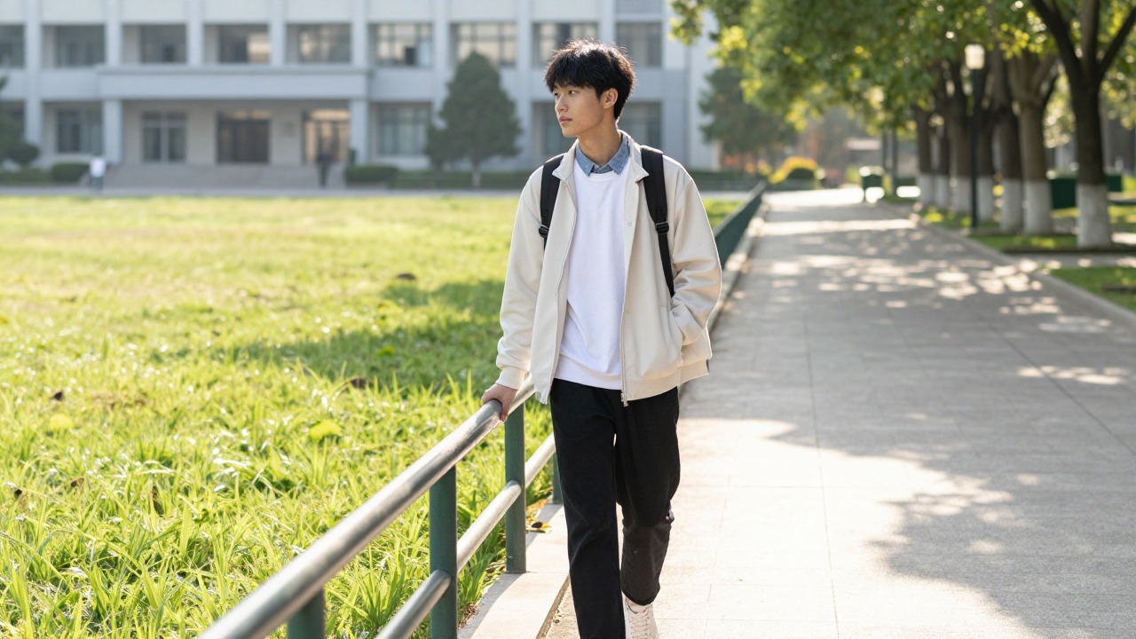 Youth-oriented spring menswear look with a light jacket and straight trousers