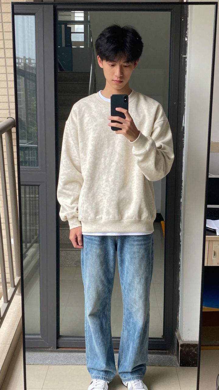 宿舍楼下、楼道和镜前语境里的卫衣，更接近真实的青年日常穿着。