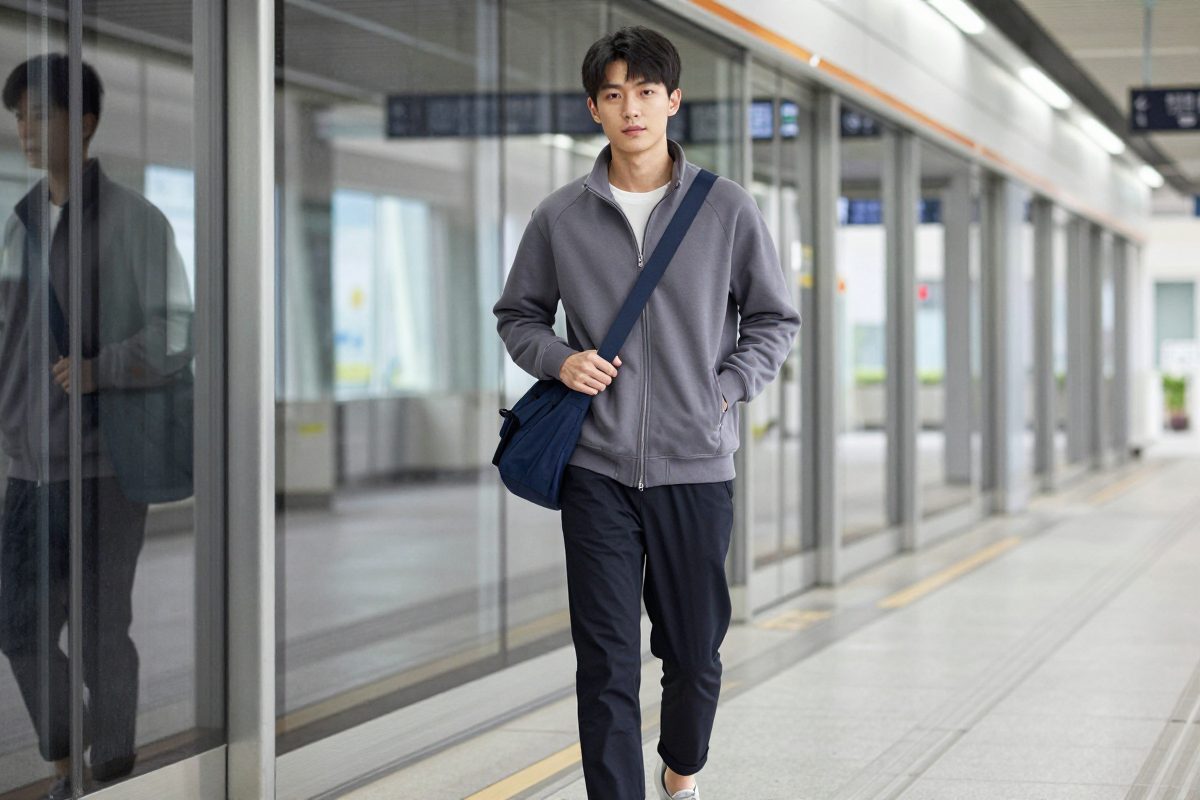 A youth-menswear horizontal image with campus and light-commuter energy, used here as a temporary rugby-polo visual