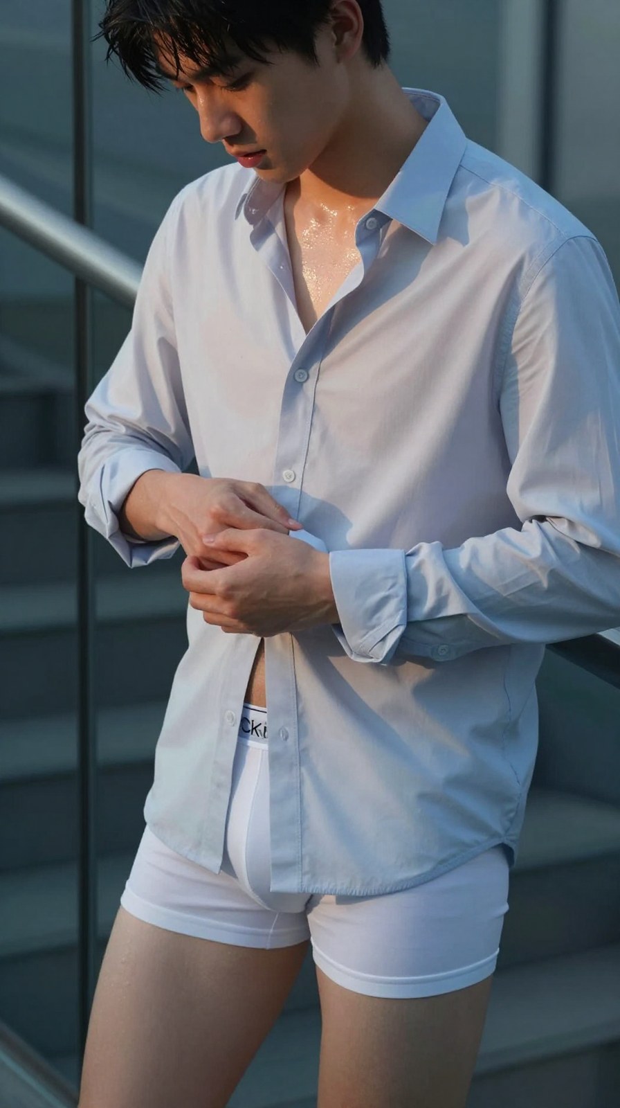 A lightweight cooling shirt moving naturally, used to explain the airy drape and silhouette of the ice-oxygen-bar shirt category