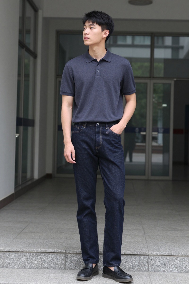 深色直筒牛仔裤更容易把青年感收得利落，也更适合轻熟一点的校园搭配。