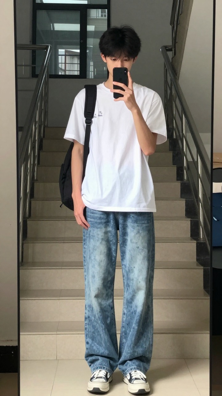 镜前和宿舍楼下的真实穿搭语境，往往比棚拍更能说明牛仔裤版型的作用。