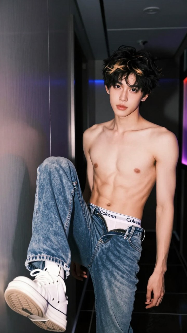 A lower-angle stair view showing the drape, break, and leg line of youth-style straight jeans