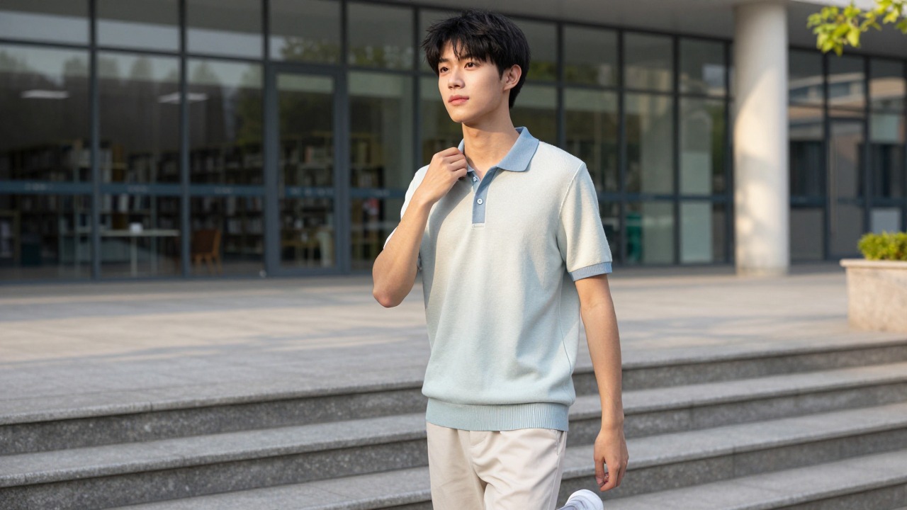 A half-zip lightweight knit polo paired with light trousers in a youth-menswear summer outfit