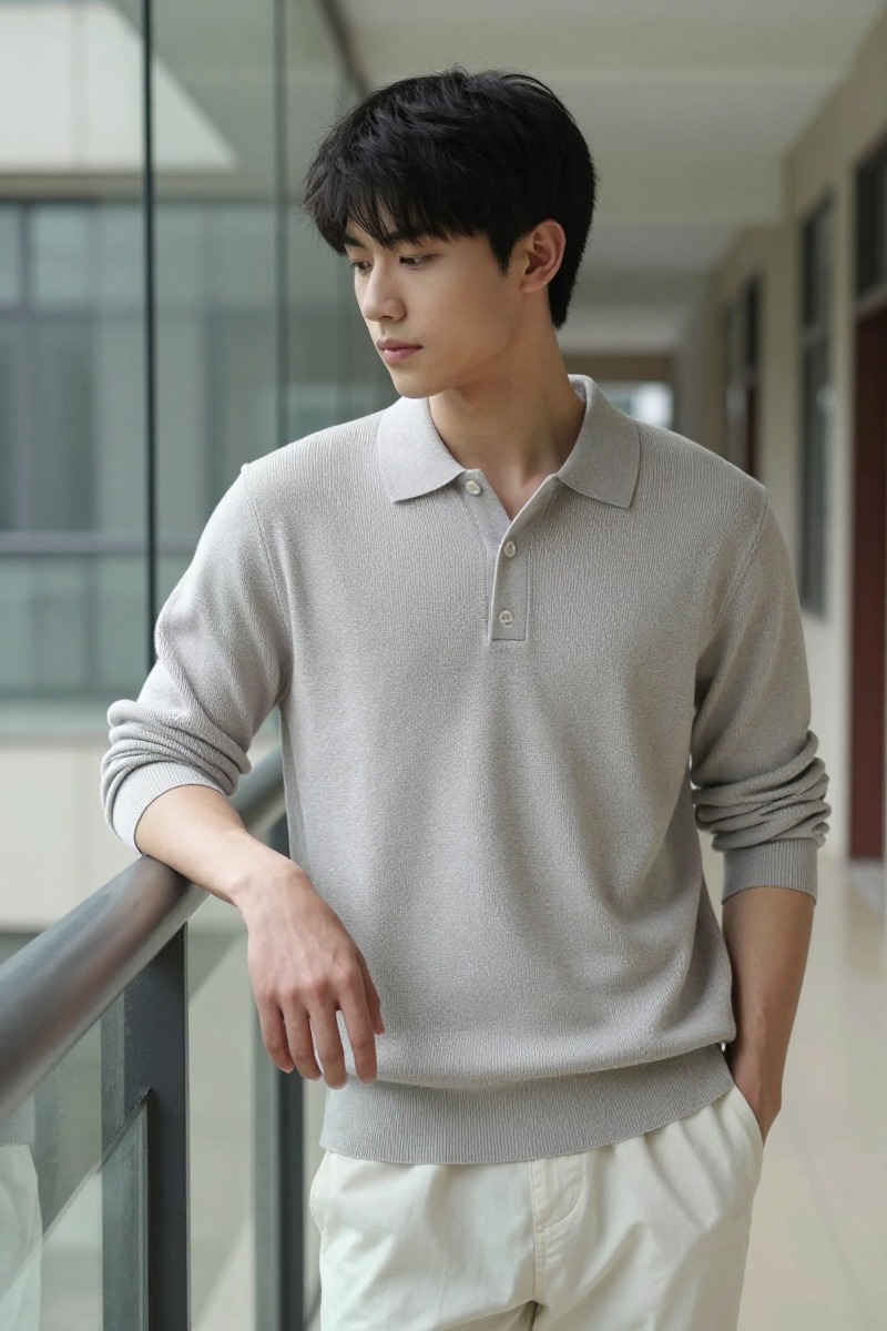 Close-up upper-body fit view of a half-zip lightweight knit polo in a youth menswear context