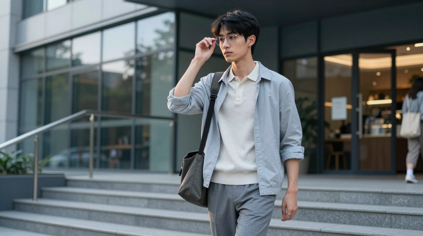 Light commuter youth-menswear look with draped trousers and clean upper-body proportion, suitable for a pleated track-trouser feature cover