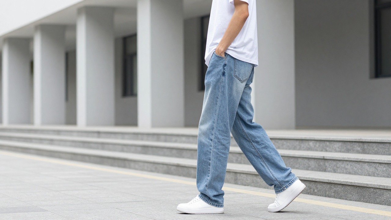 A light-wash jeans lower-body image used to explain how simpler denim leaves room for a wallet chain detail