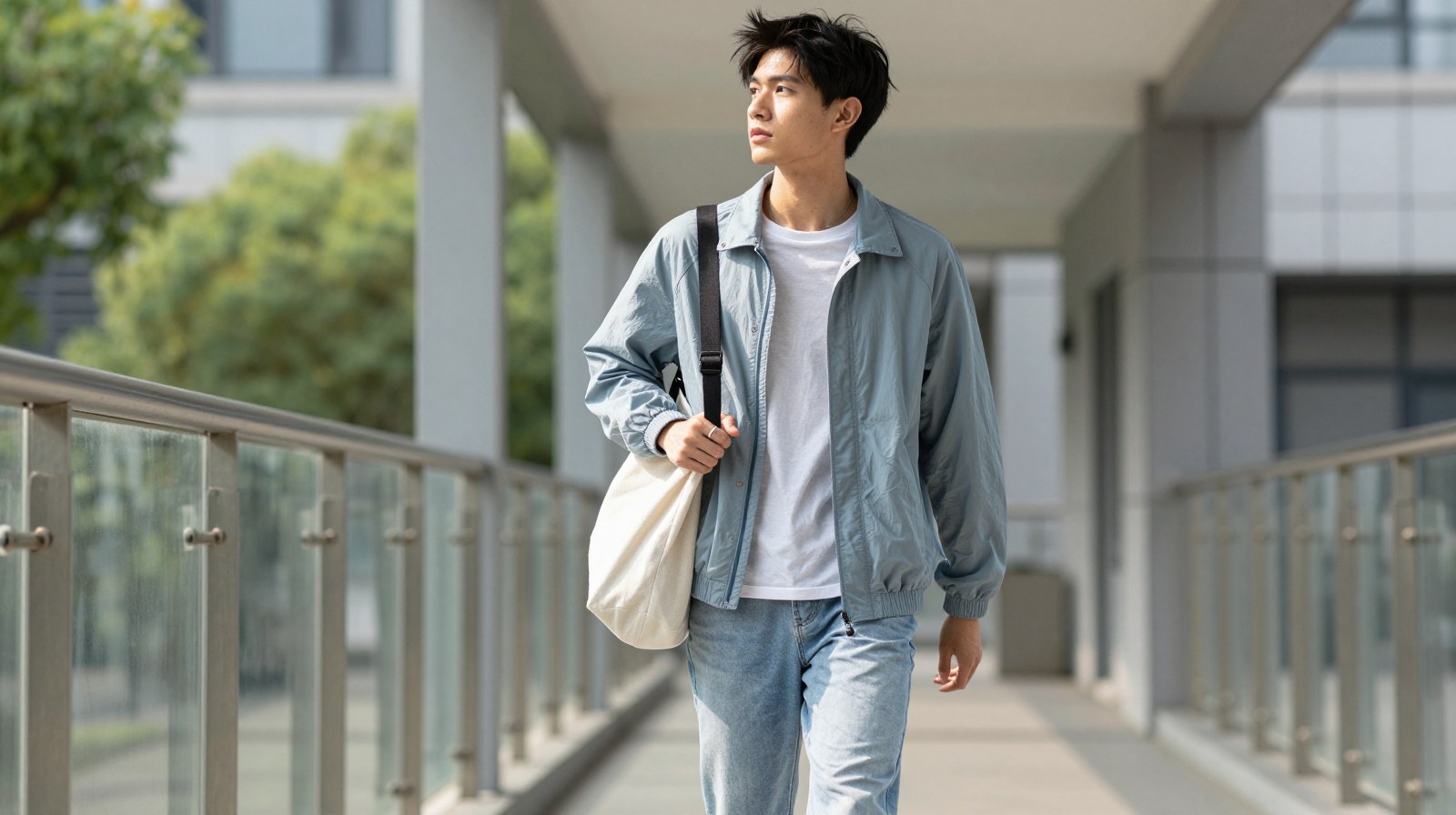 A young man in a lightweight short jacket with a white tee and jeans, suitable as a cover image for a lightweight coach jacket spring feature