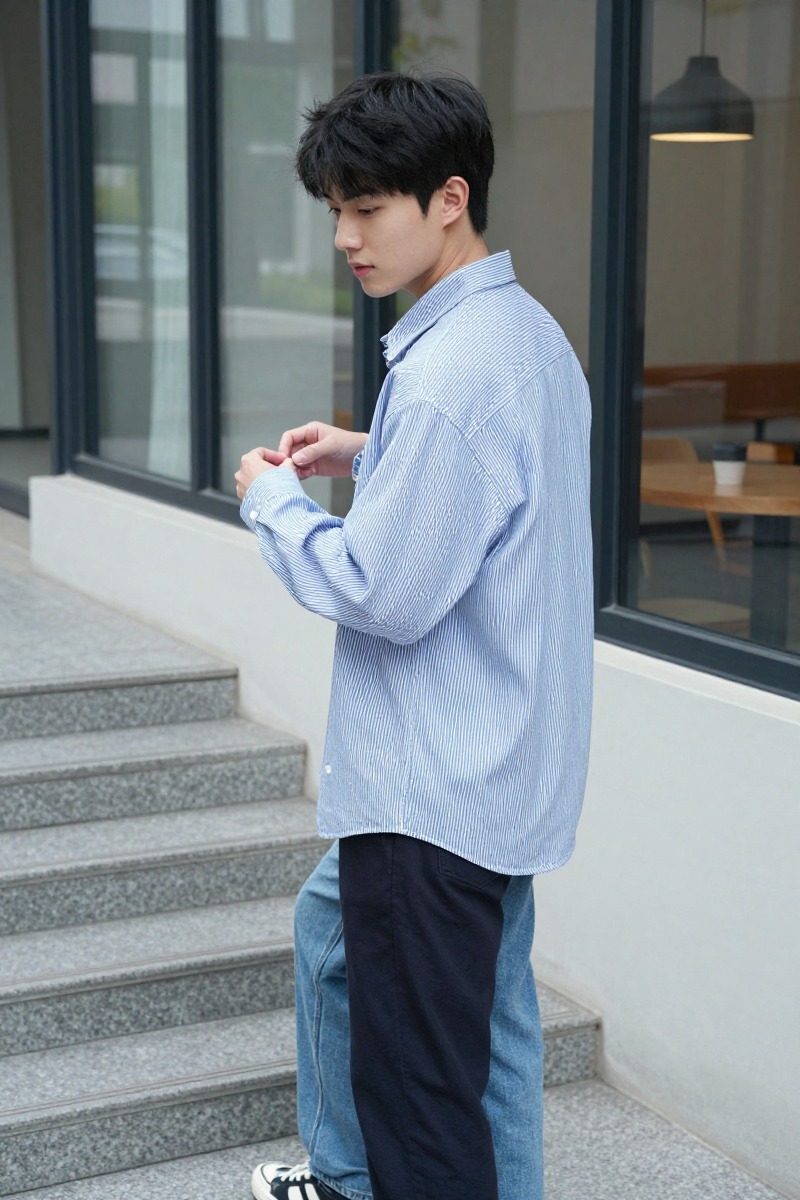 比起过度正式的白衬衫，条纹衬衫更容易保留一点松弛和校园感。