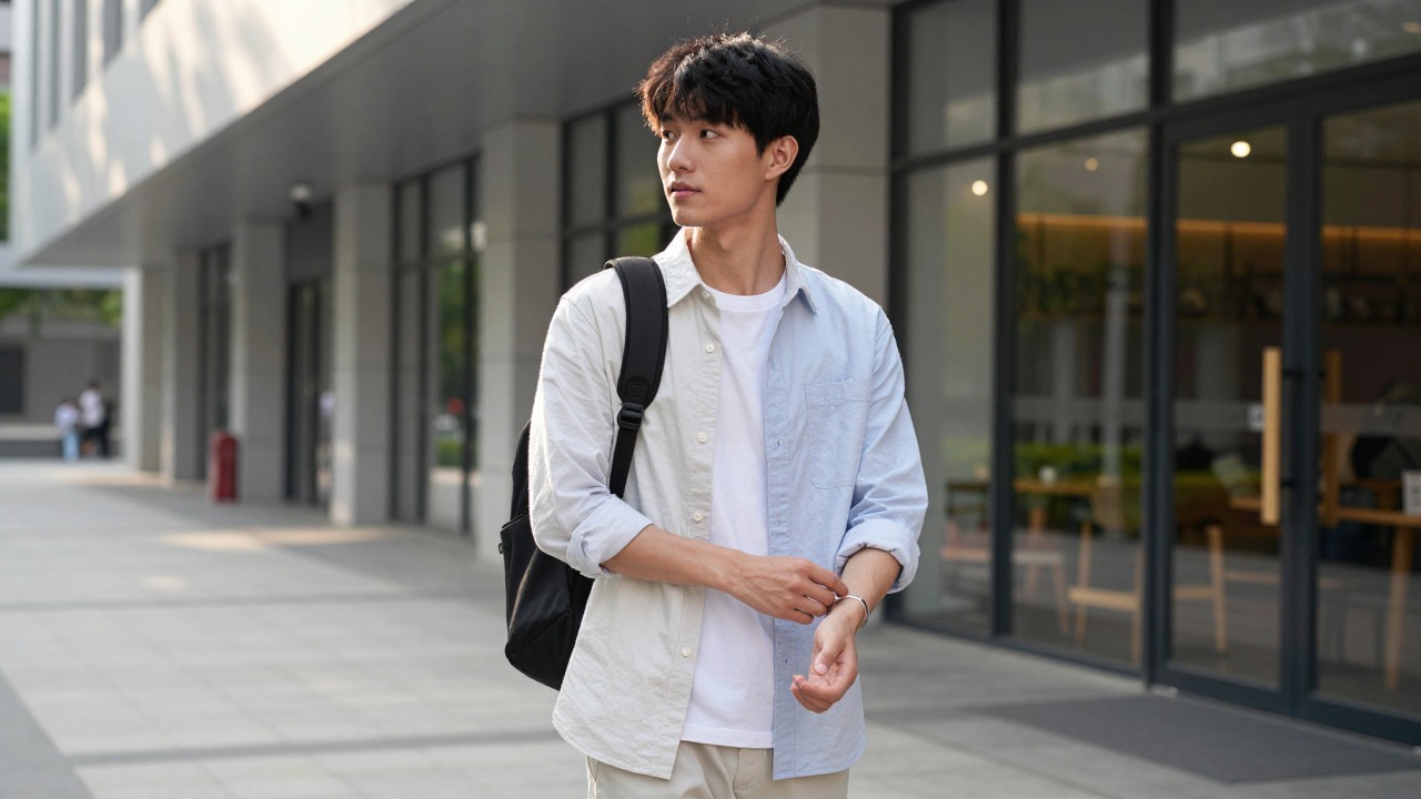 A light summer youth-menswear top and clean trousers combination used as the cover for a short-sleeve baseball shirt feature