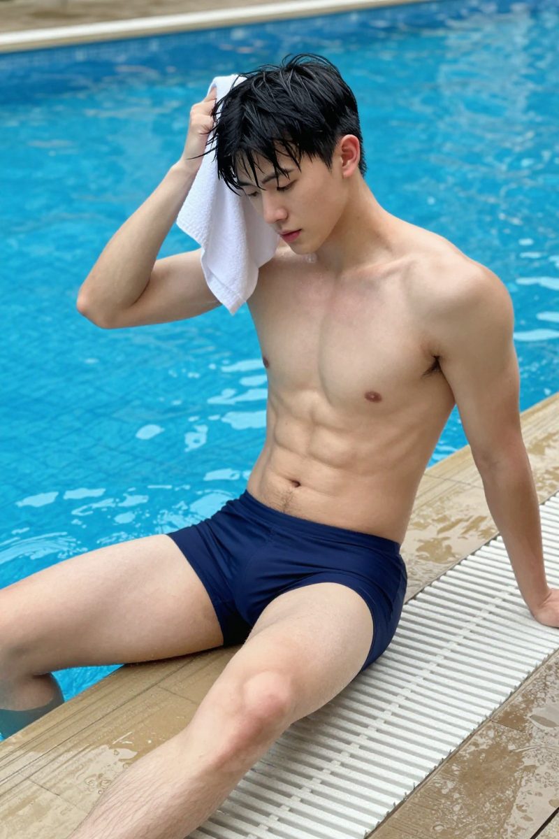 泳池边坐姿能看出短裤落点、腿部比例和裤长是否自然