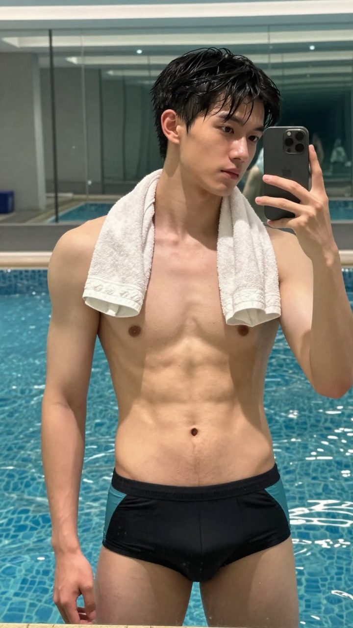 更贴近日常社交媒体风格的泳池边夏季男生图像