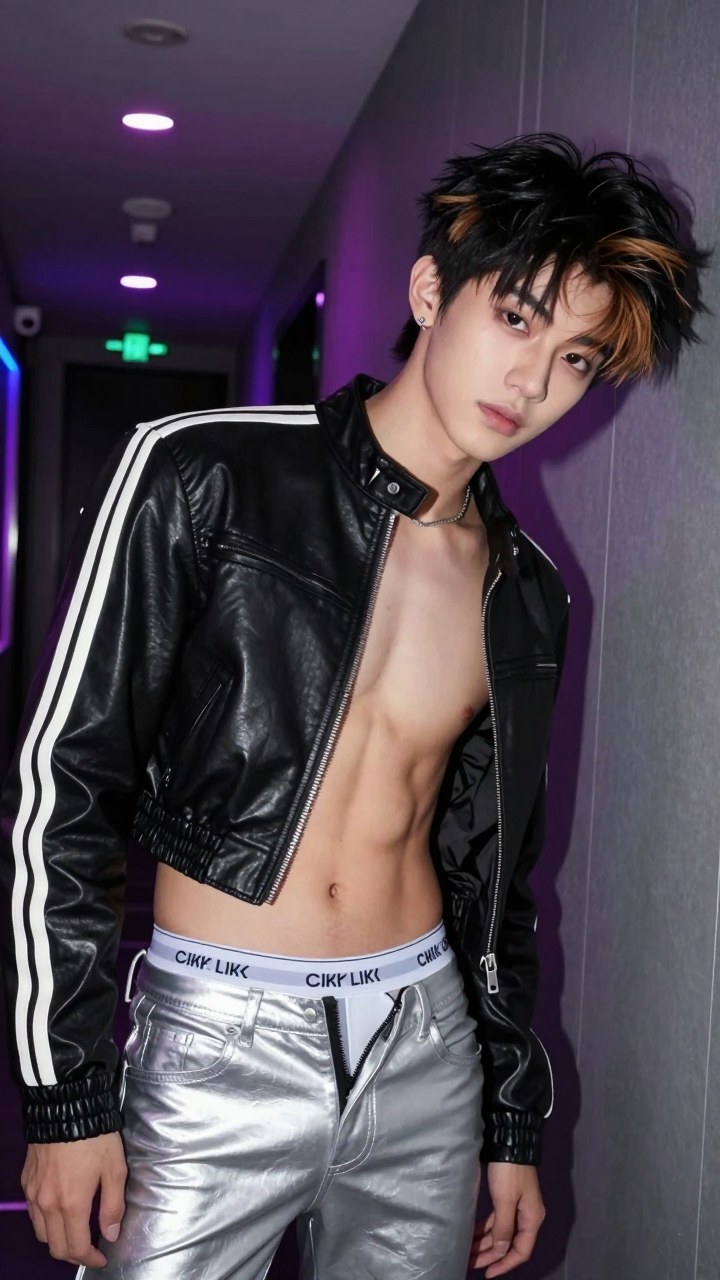 A youth menswear portrait focused on chain jewelry, collar adjustment, and dark stage-like styling