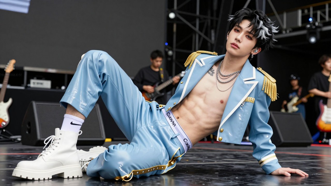 A dark neon-lit youth menswear image connecting rock attitude, idol-stage styling, and expressive menswear tension