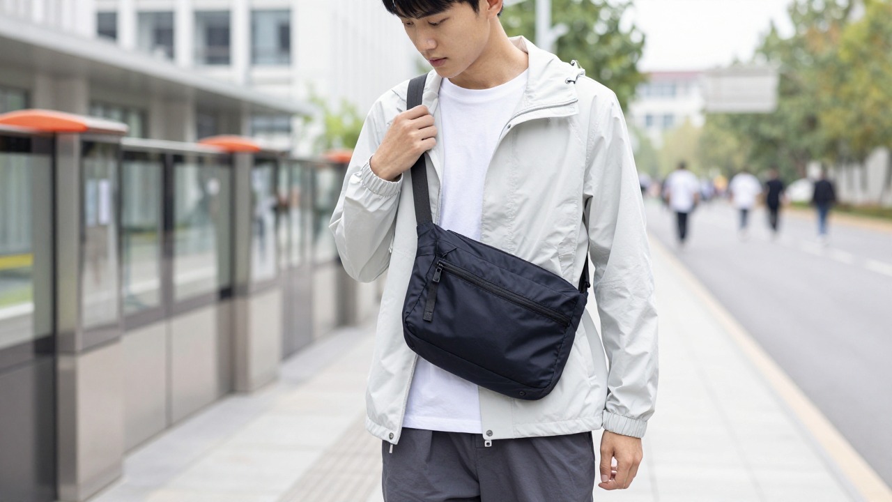 A daily-use nylon accessory and cleanfit scene that supports the everyday logic of nylon short-sleeve shirts