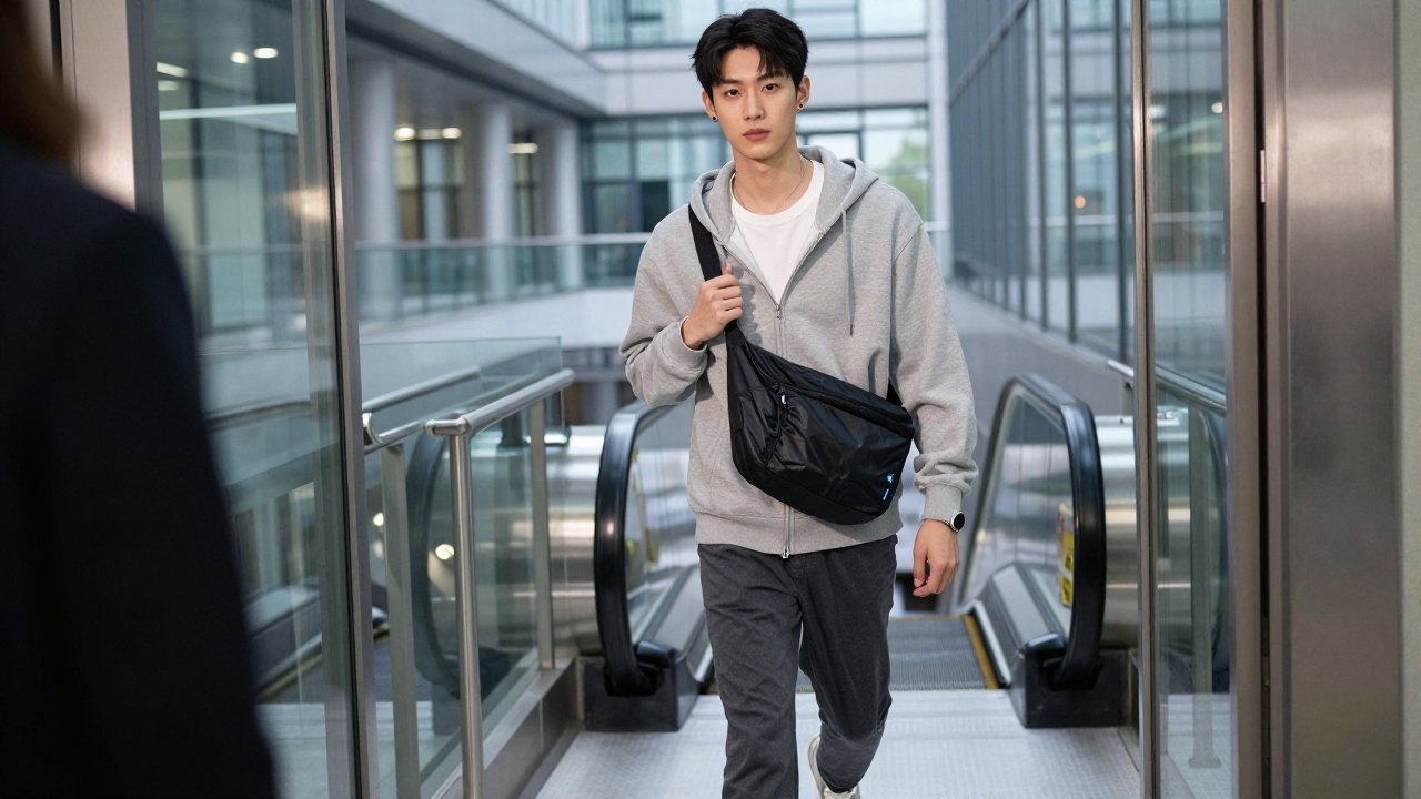 A youth menswear shoulder bag with accessory detail