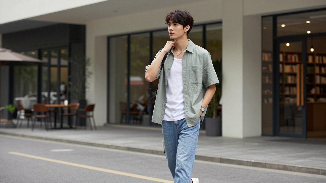 青年男生穿开领短袖衬衫，呈现夏季校园与 cleanfit 轻通勤气质的主视觉