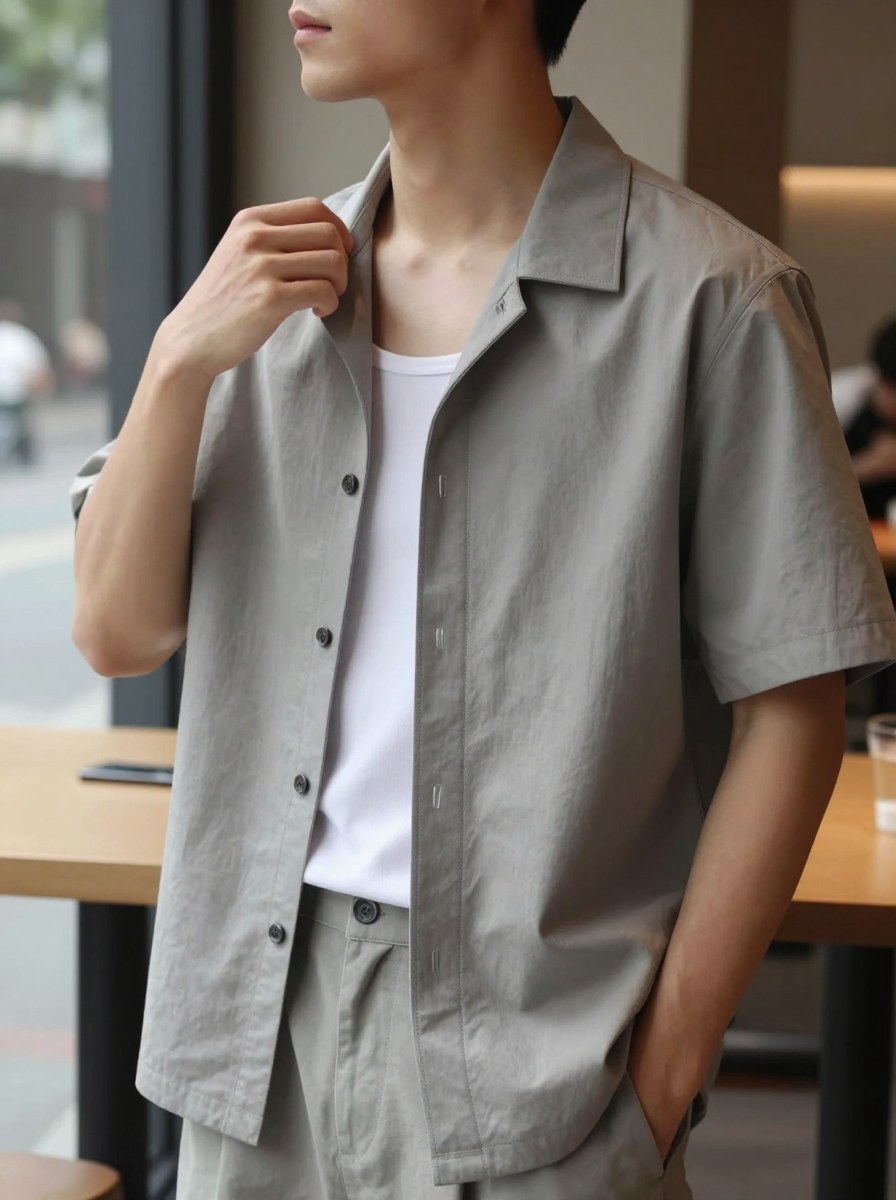 近距离展示开领短袖衬衫领口、门襟与内搭层次的夏季青年男装竖图