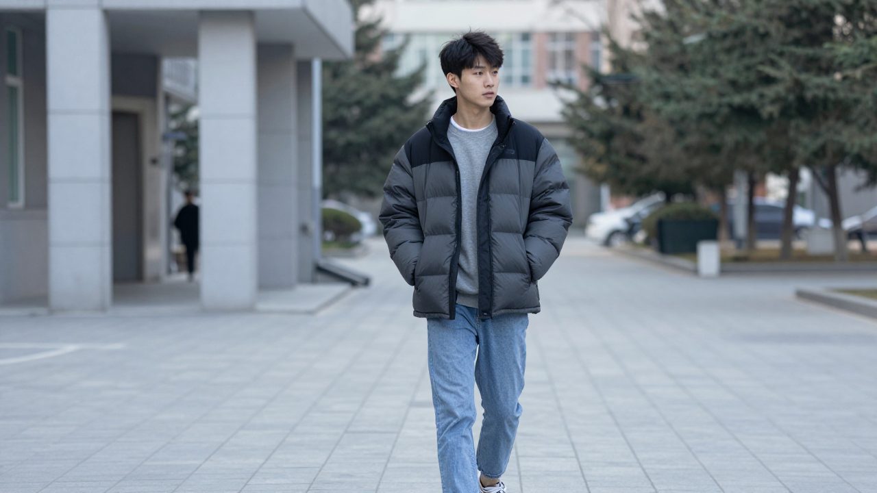 Short puffer jacket outfit for young men