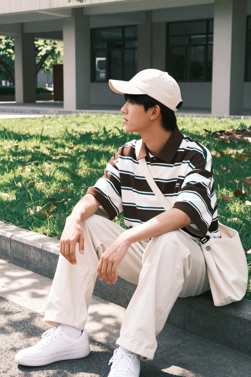 Campus-oriented youth menswear image used to show how football jerseys are translated into daily style