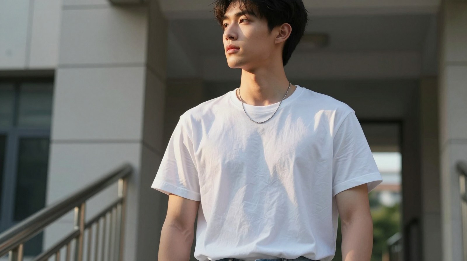 A white tee and slim silver necklace styling moment in soft campus evening light