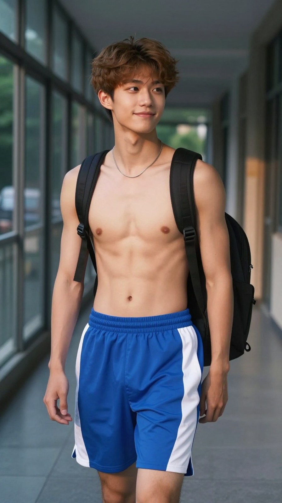 An open-collar shirt and light neck-detail upper-body composition used as a temporary visual bridge for braided cord necklace styling