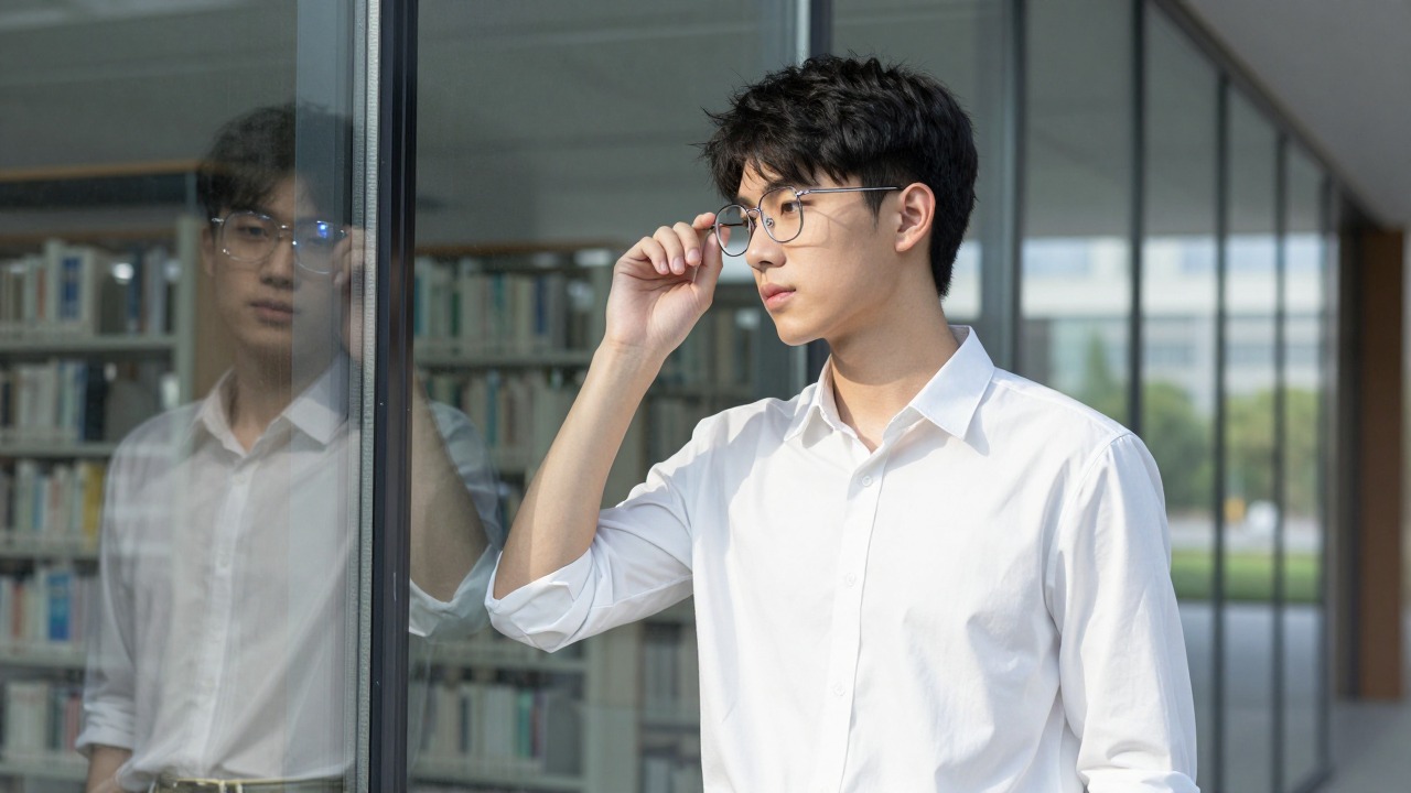 Silver-frame glasses supporting a low-saturation youth cleanfit commuter outfit