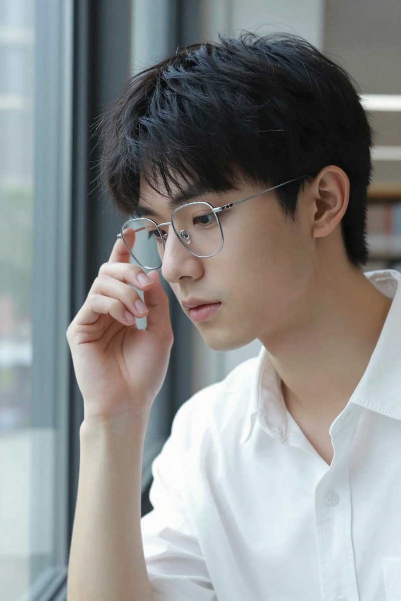 近景上脸氛围图，适合承接黑框眼镜与青年男装上脸结构的文章语境