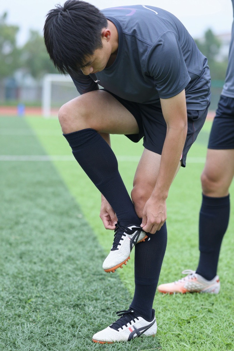 长筒足球袜把运动身份和腿部线条一起拉出来。