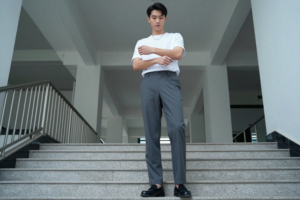 Straight trousers shown from a low angle on a stair landing