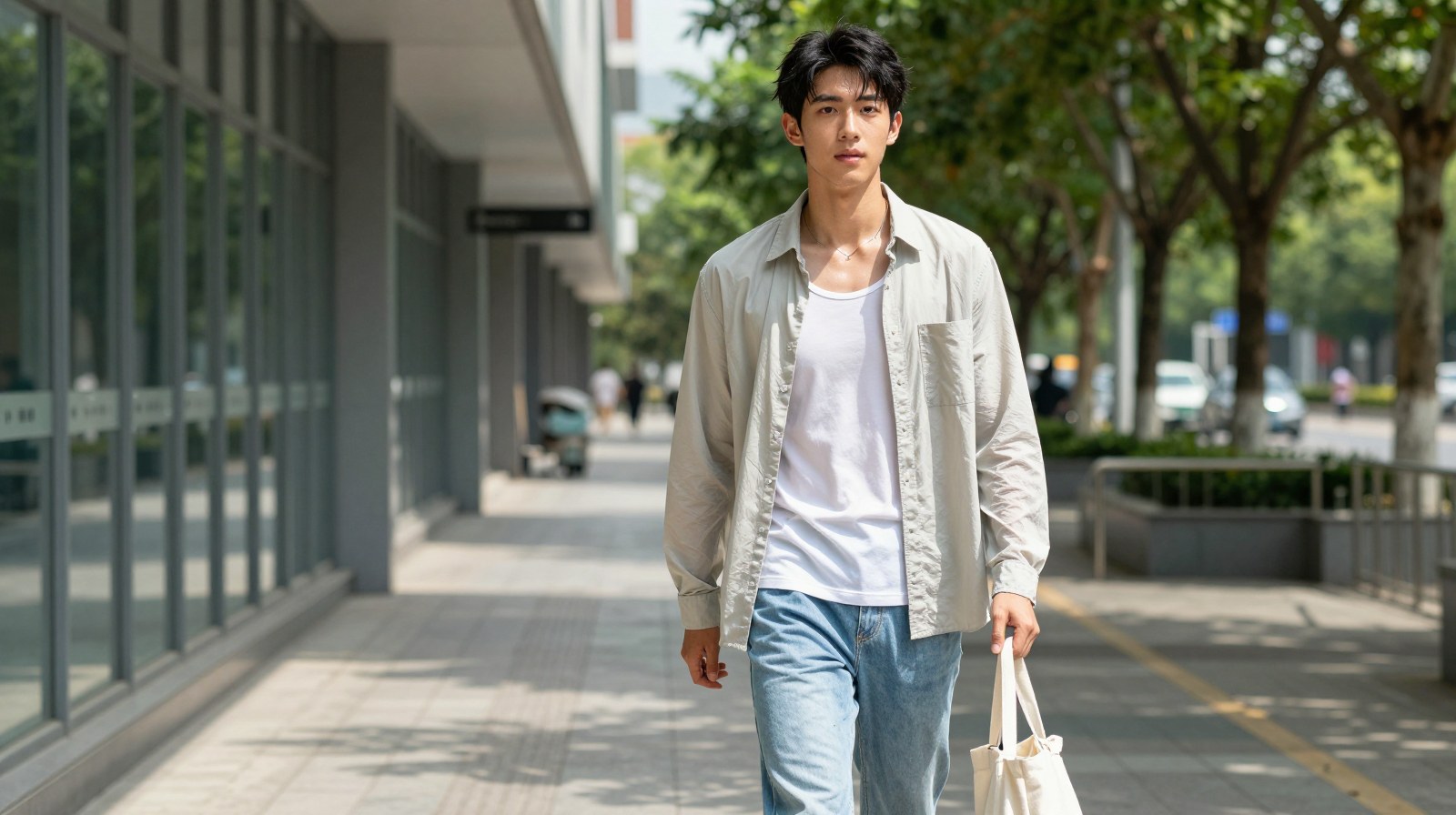 浅卡其色轻薄防晒上装与白T、牛仔裤构成的夏季青年男装形象，适合作为防晒衬衫专题封面