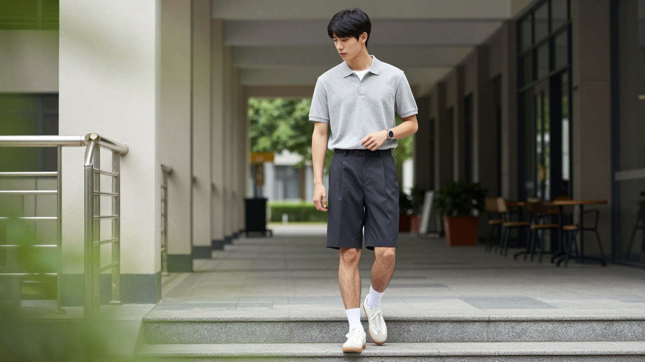 Light top and drapey tailored shorts used to illustrate how belts stabilize the middle section in summer cleanfit styling