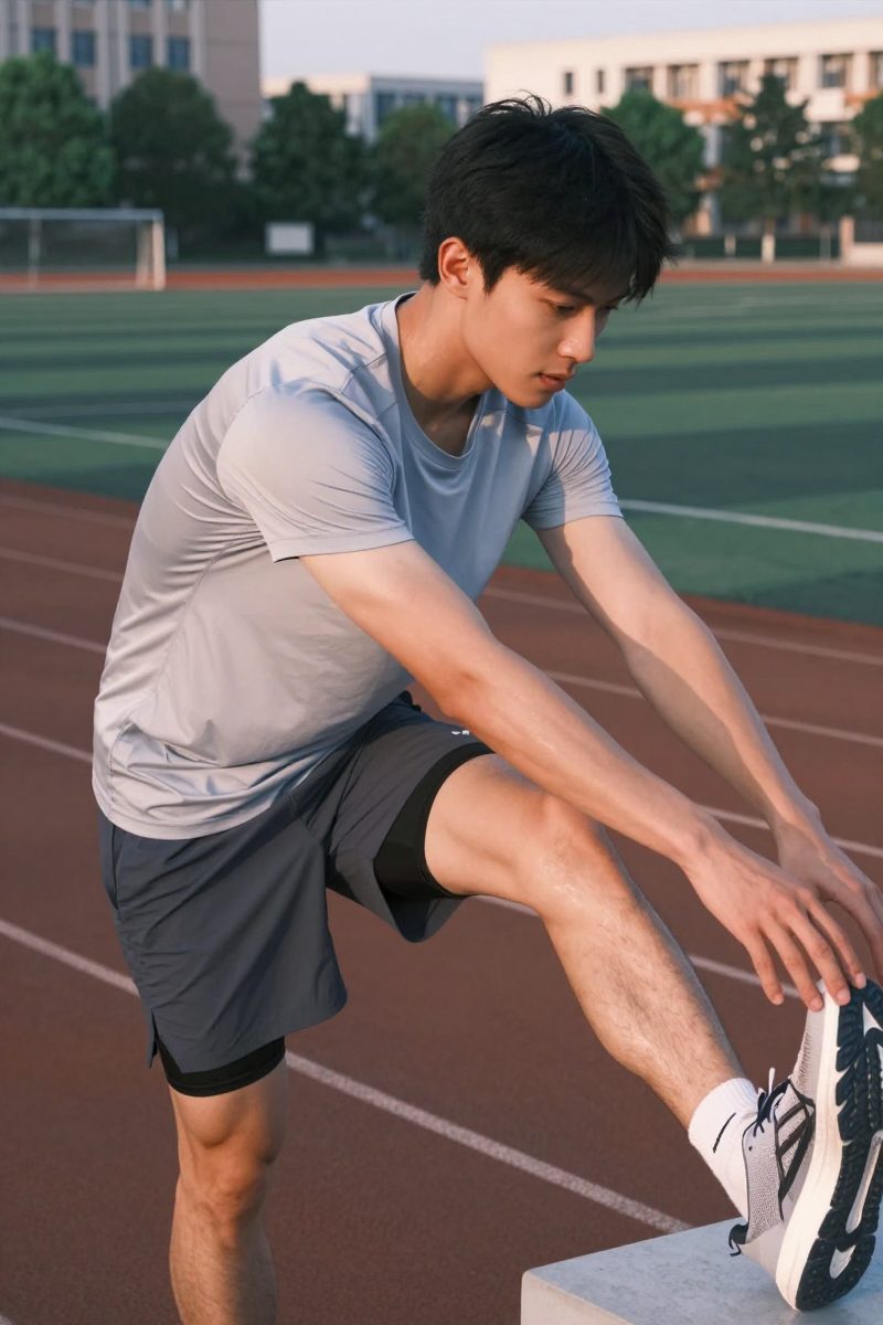 青年运动男生拉伸动作可辅助说明骑行风中的腿部与核心身体线条