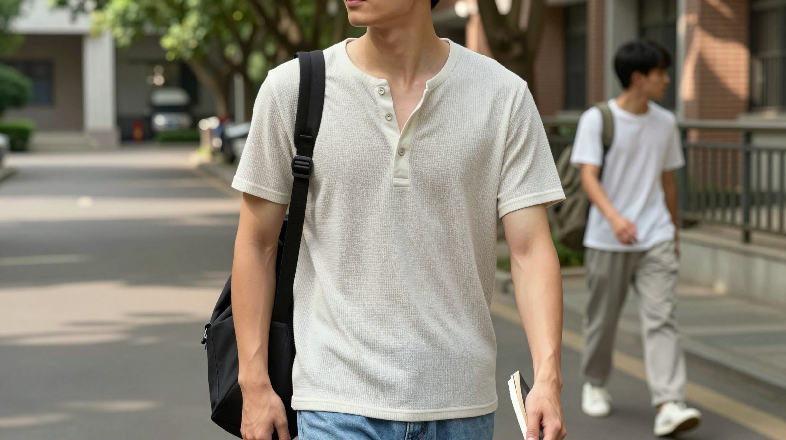 Campus-age young man in a light textured top used as the lead image for a waffle henley summer basics feature