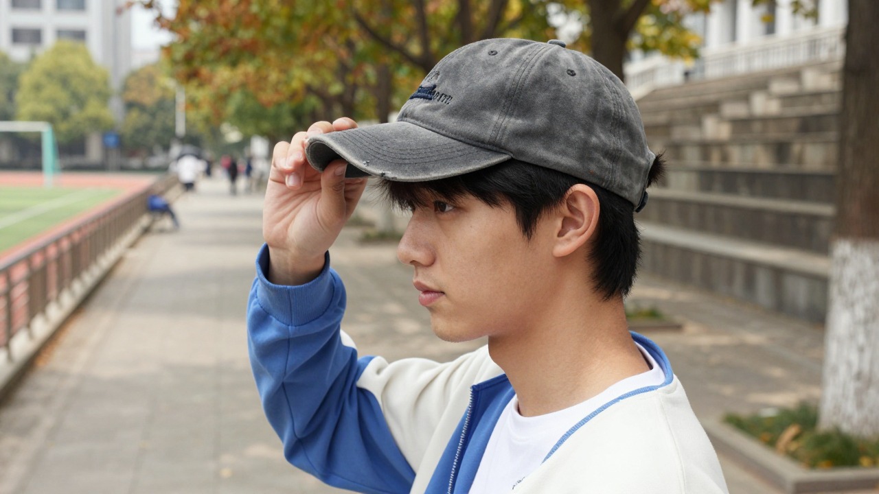 A low-saturation washed baseball cap styled with a white tee in a youthful campus setting