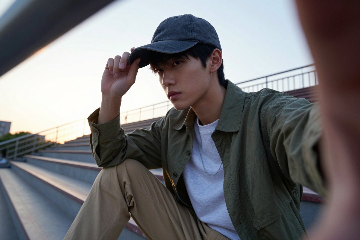 A washed baseball cap in a low-angle campus sports-ground shot