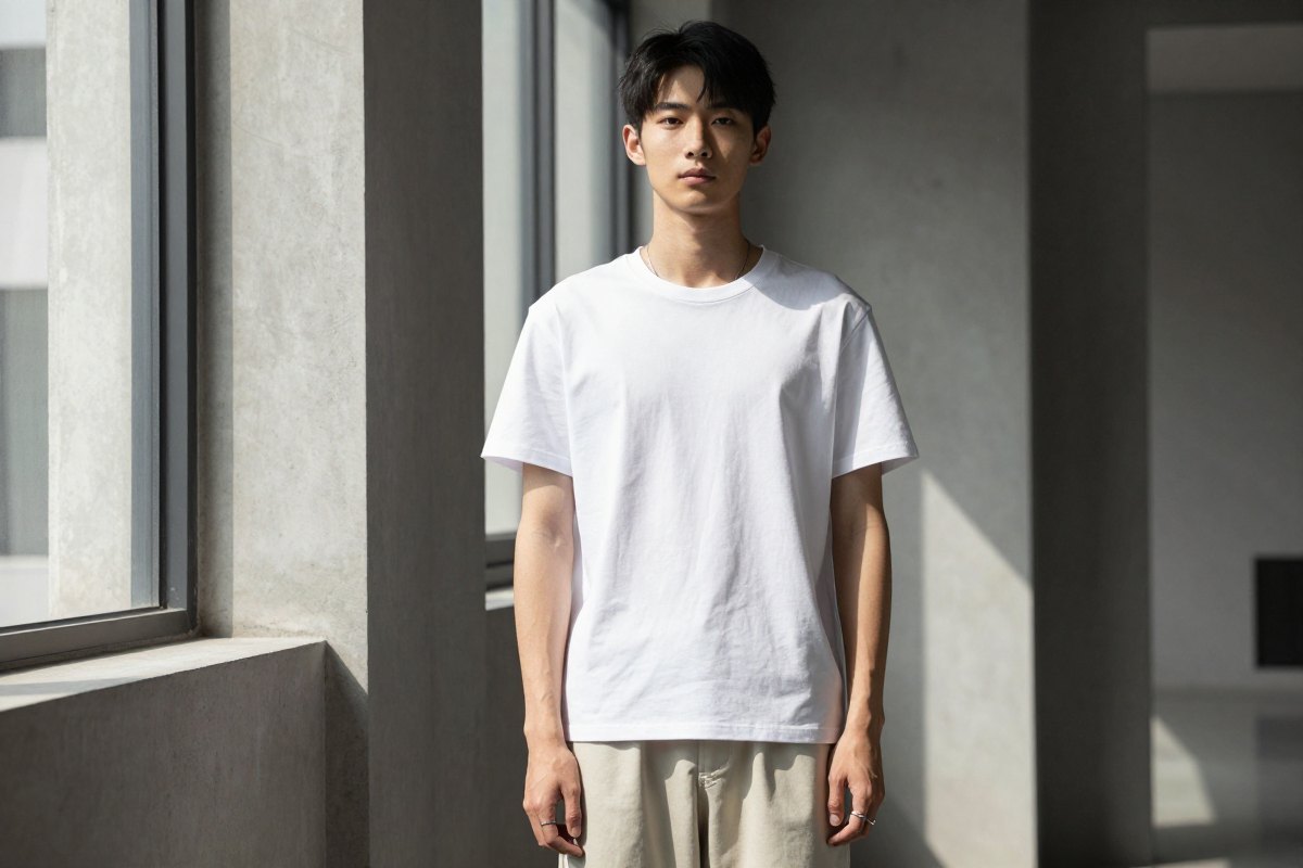 A heavyweight white tee with light trousers in cut window light