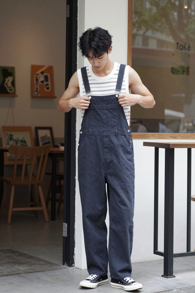 背带结构能同时建立上半身层次和裤装轮廓。